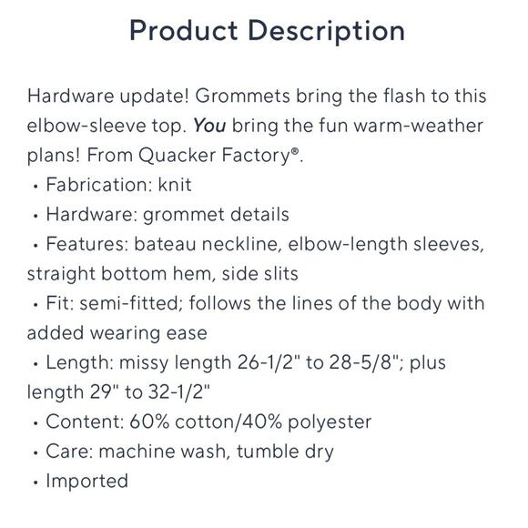 Quacker Factory Large Light Navy Gromet Detail Elbow Sleeve Top A684991 NWOT - Picture 10 of 11